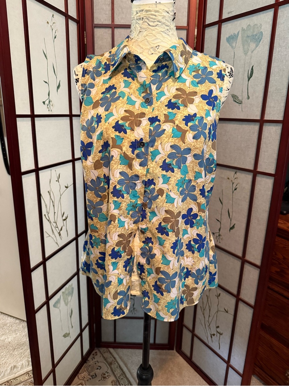CAbi Floral Blouse in Blue, Teal, and Tan